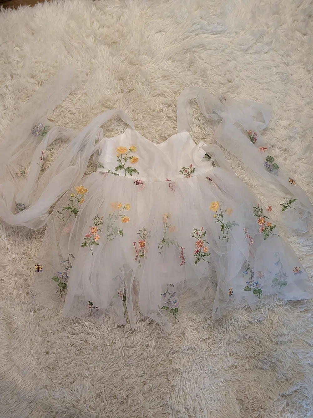 Toddler White Tulle Floral Embroidered Dress with Yellow & Green Accents